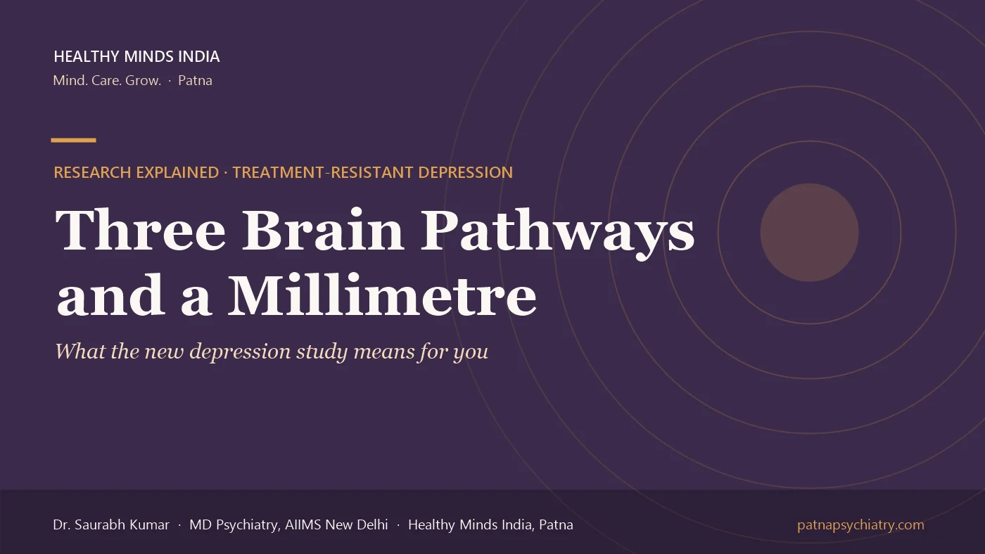 Title card: Three brain pathways and a millimetre, what the new treatment-resistant depression study means for you - by Dr. Saurabh Kumar, Healthy Minds India