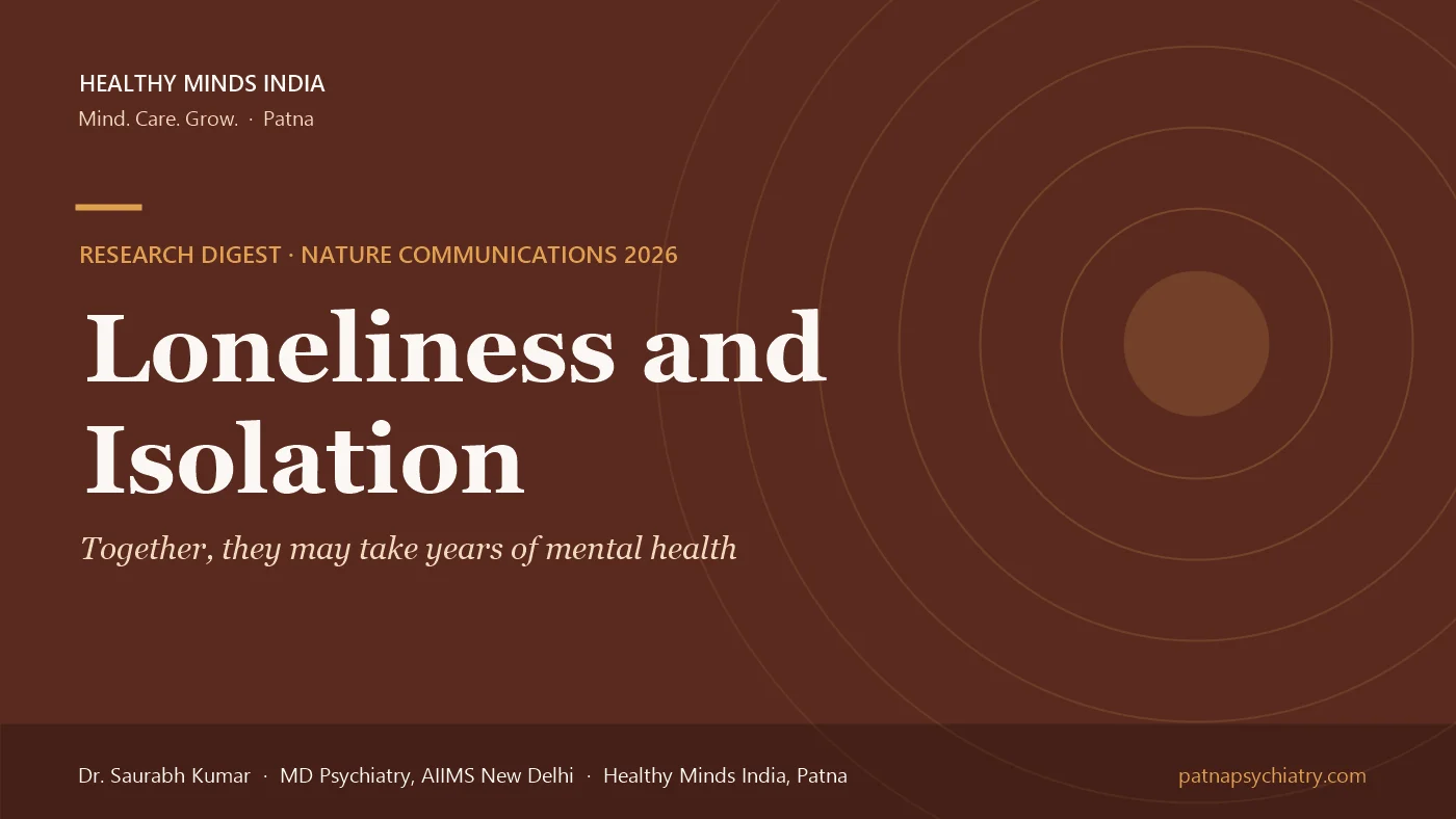 Title card: Loneliness and social isolation together may take years of mental health - a research digest by Dr. Saurabh Kumar, Healthy Minds India