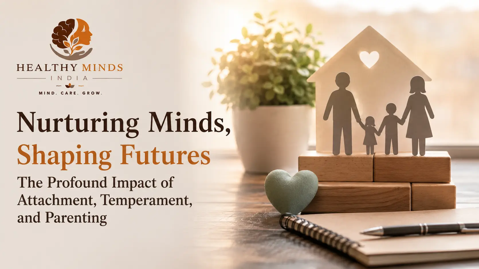 A nurturing parent holding hands with a child surrounded by symbolic icons of brain, heart, school, and emotional growth, representing parenting and development.