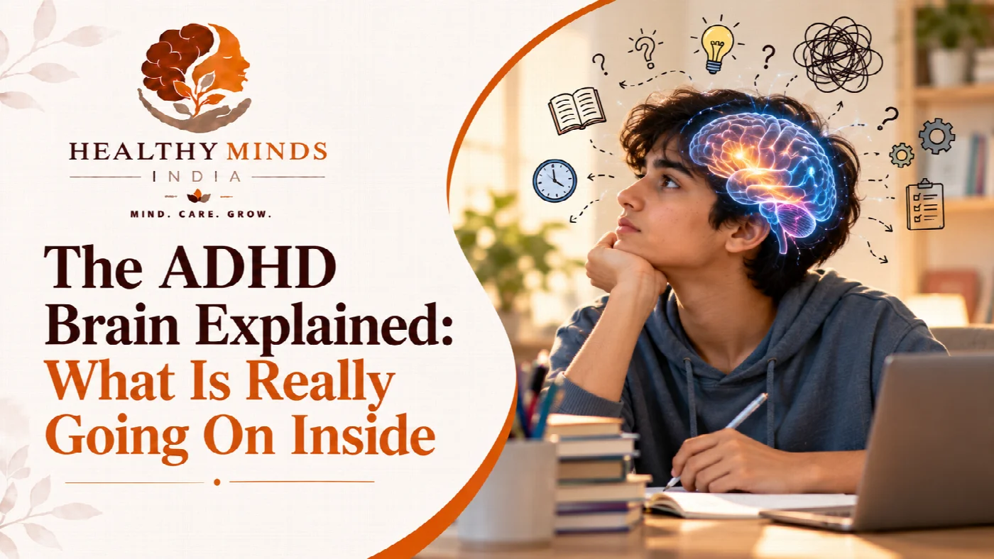 A thoughtful teenager at a study desk with a glowing brain and thought icons above his head, illustrating The ADHD Brain Explained, Healthy Minds India
