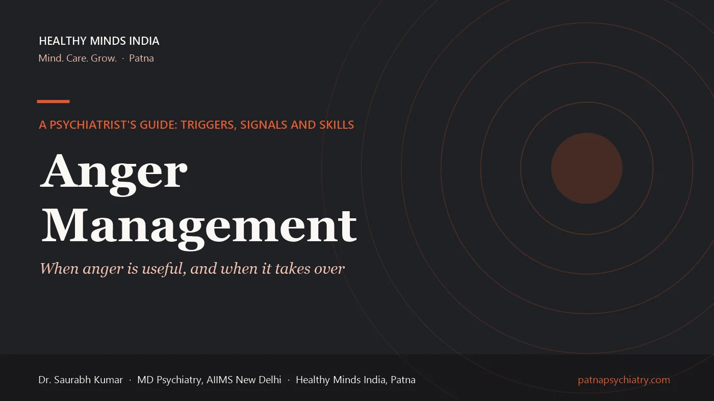 Title card: Anger Management, signs, triggers and treatment - a guide by Dr. Saurabh Kumar, Healthy Minds India