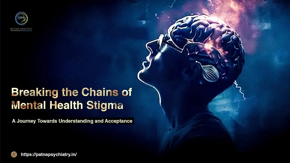 Illustration of a person breaking free from mental chains, symbolizing liberation from mental health stigma.