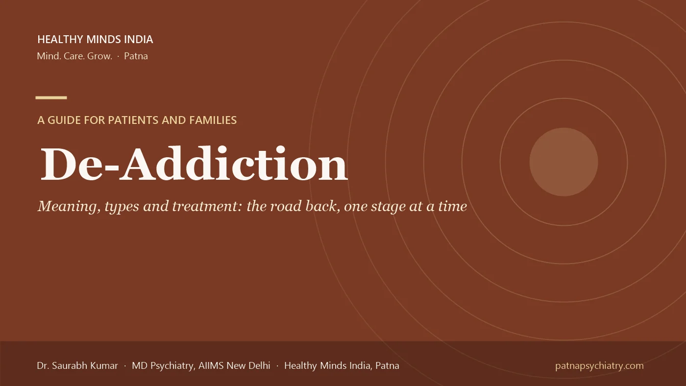 Title card: De-Addiction, meaning, types and treatment - a guide by Dr. Saurabh Kumar, Healthy Minds India