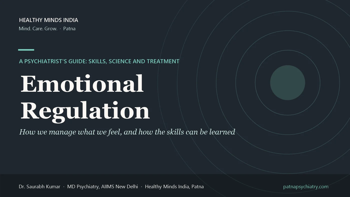 Title card: Emotional Regulation and Mental Health, skills, science and treatment - a guide by Dr. Saurabh Kumar, Healthy Minds India