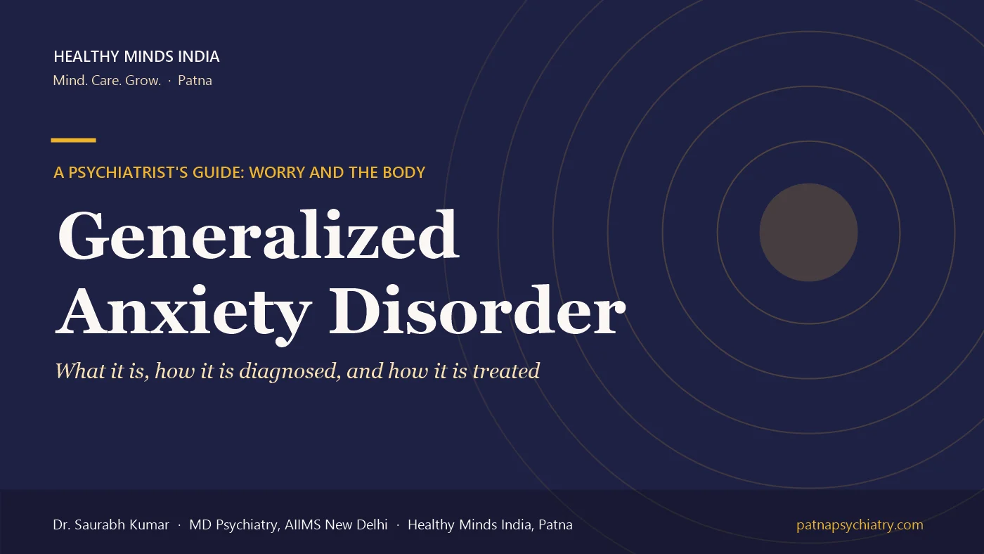 Title card: Generalized Anxiety Disorder, symptoms, diagnosis and treatment - a guide by Dr. Saurabh Kumar, Healthy Minds India