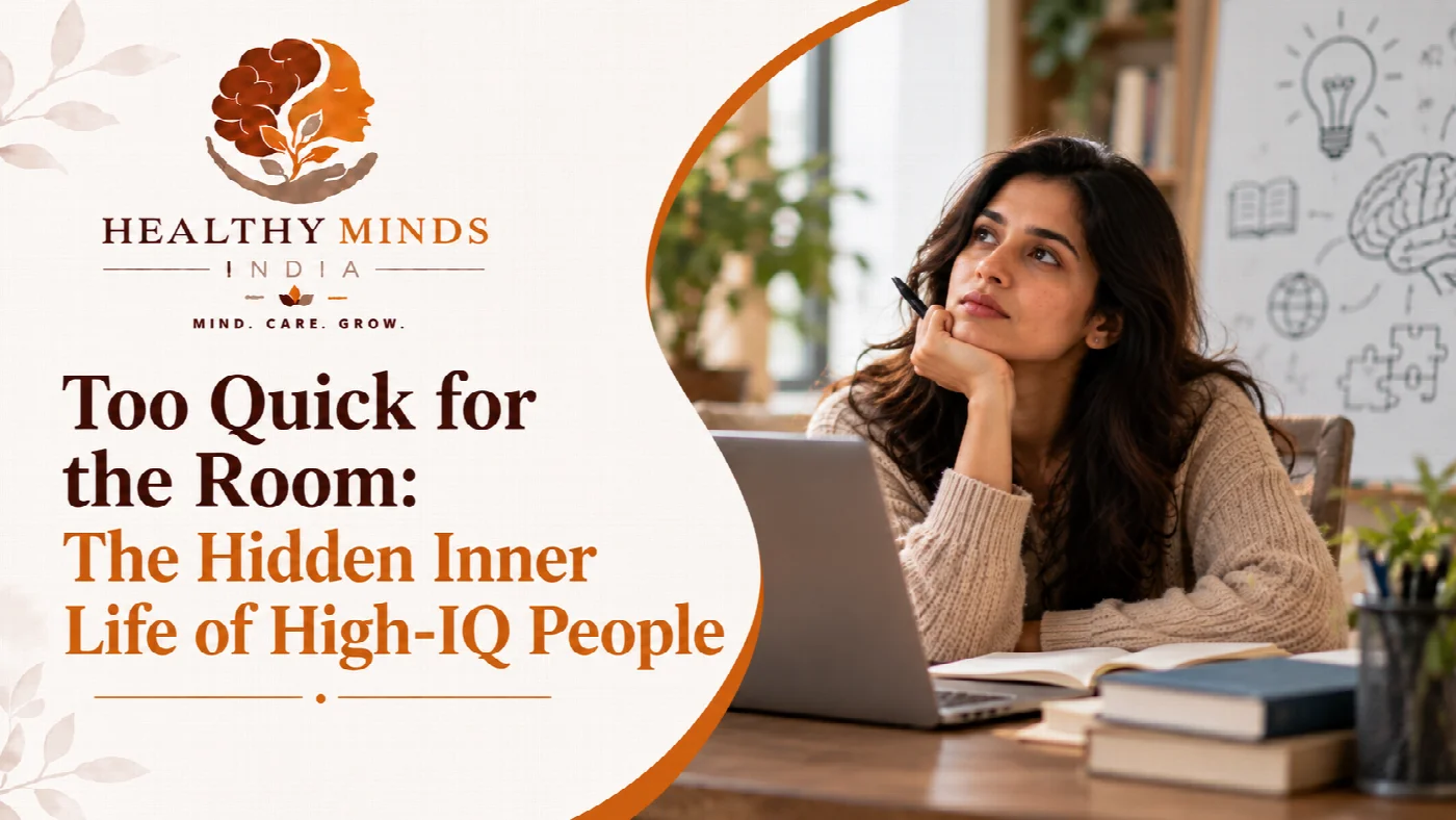 A thoughtful young woman at a desk with a laptop and idea sketches on a whiteboard, illustrating Too Quick for the Room, the hidden inner life of high-IQ people, Healthy Minds India