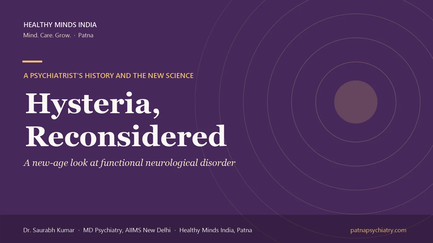 Title card: Hysteria Reconsidered, a new-age look at functional neurological disorder - a guide by Dr. Saurabh Kumar, Healthy Minds India