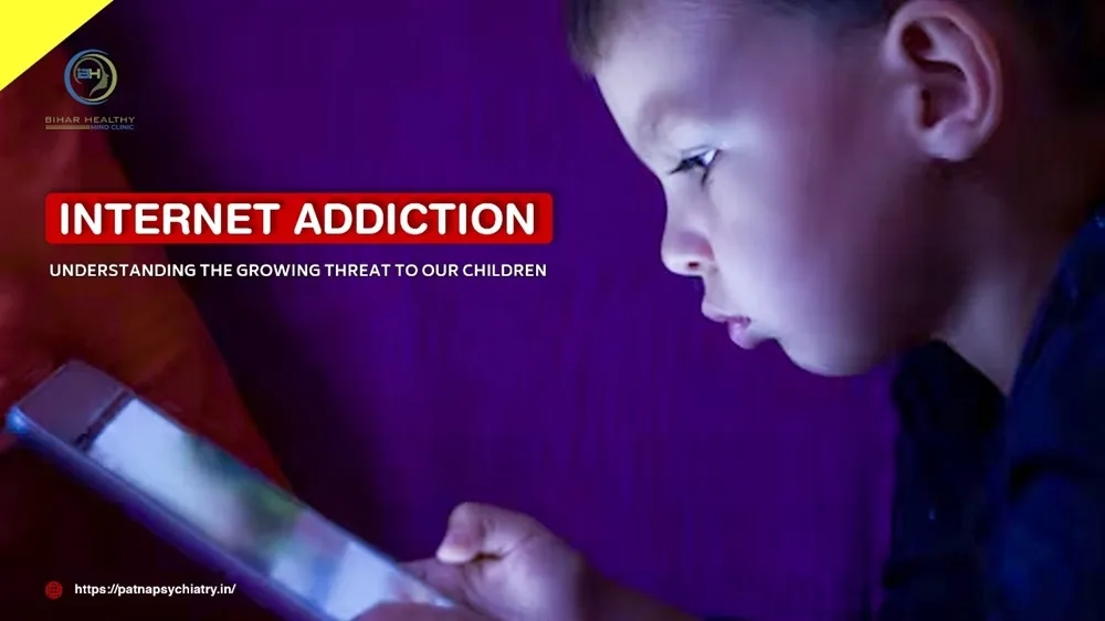 A child alone in a dark room illuminated by a glowing screen, symbolizing the isolation and overuse associated with internet addiction.