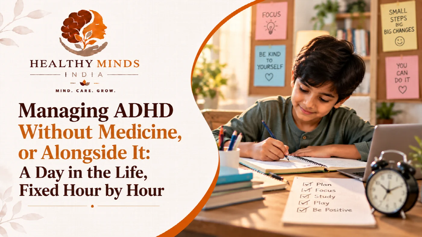 A boy writing at a desk with a daily checklist and an alarm clock, illustrating Managing ADHD Without Medicine, or Alongside It, Healthy Minds India