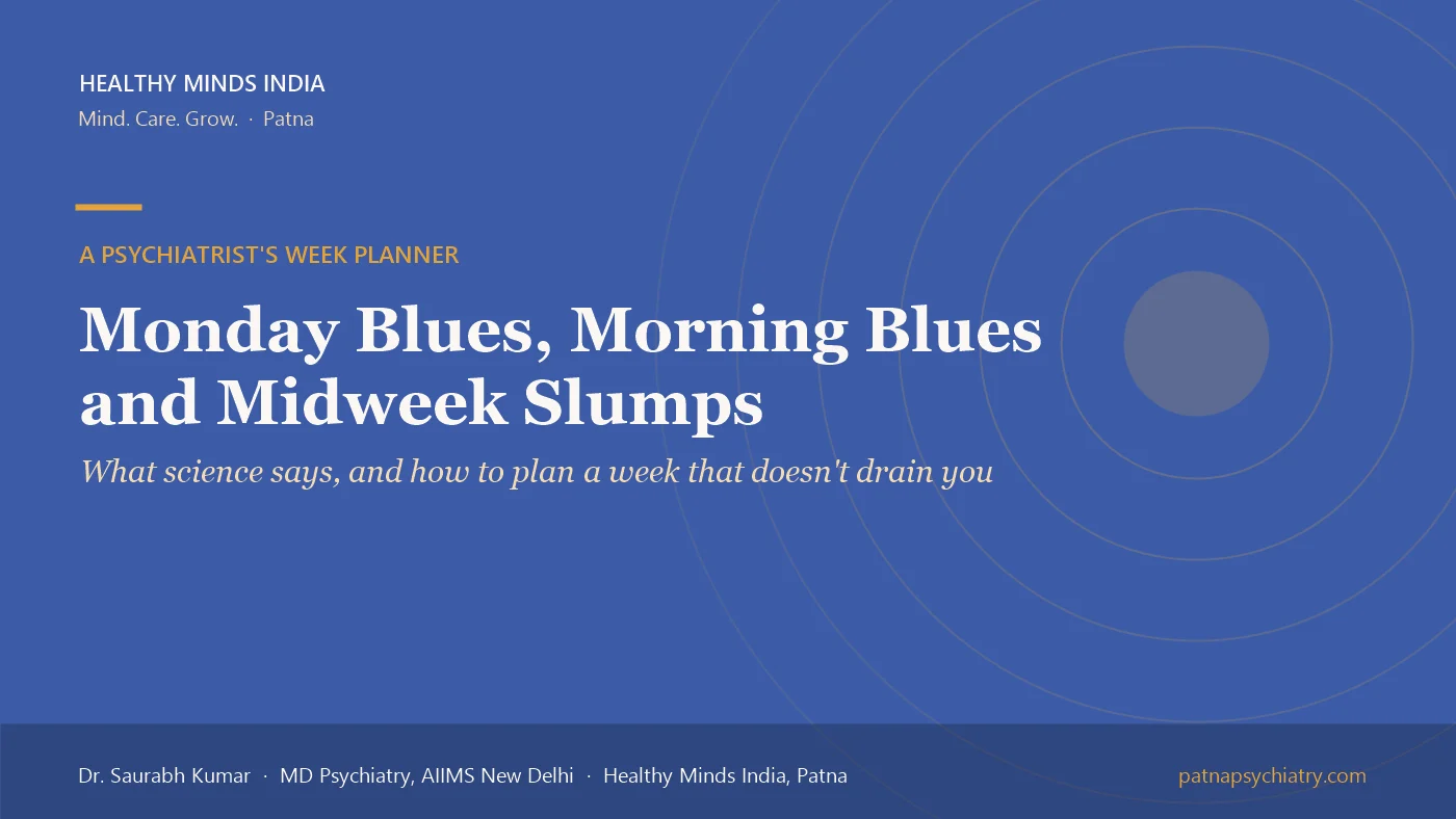 Title card: Monday Blues, Morning Blues and Midweek Slumps, what science actually says - a guide by Dr. Saurabh Kumar, Healthy Minds India