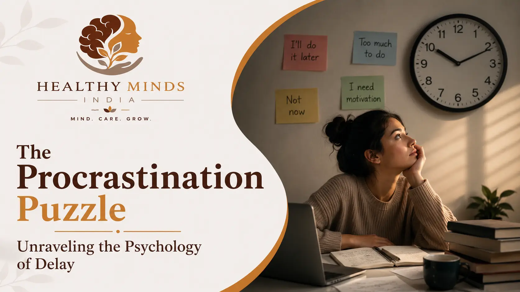 A person surrounded by clocks and to-do lists, symbolizing procrastination and time pressure.
