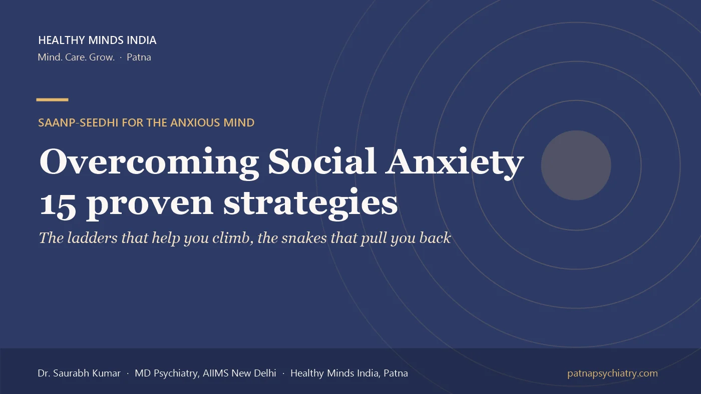 Title card: Overcoming Social Anxiety, 15 proven strategies - a guide by Dr. Saurabh Kumar, Healthy Minds India