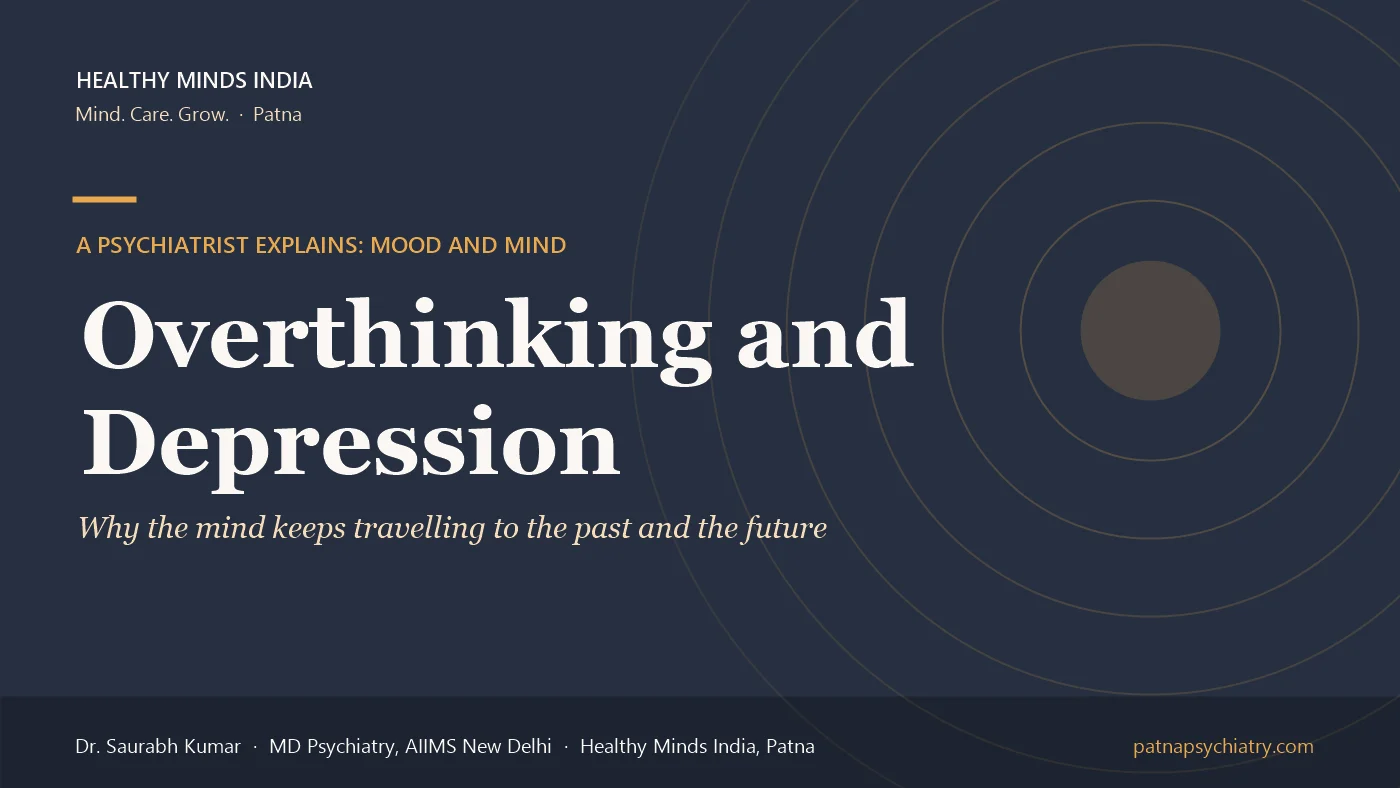 Title card: Overthinking and Depression, why the mind keeps travelling to the past and the future - a guide by Dr. Saurabh Kumar, Healthy Minds India