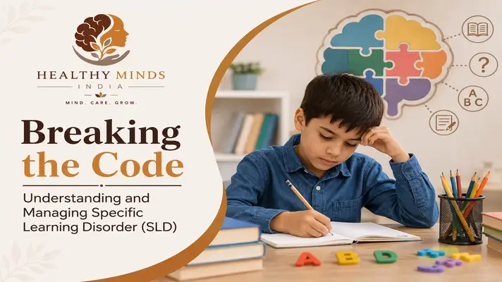 Illustration of a child navigating books, numbers and letters, symbolizing help with learning difficulties like SLD.