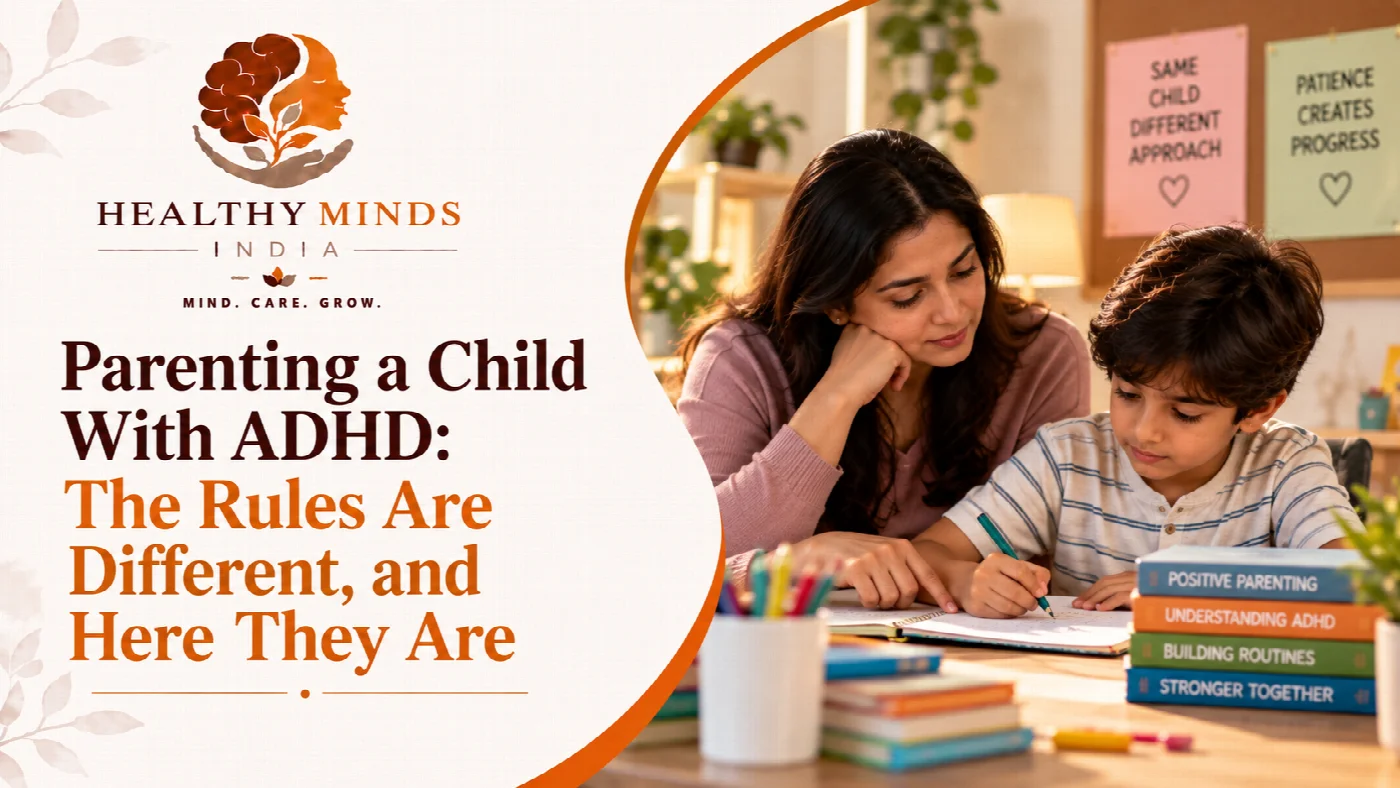 A mother helping her son with homework at a desk, illustrating Parenting a Child With ADHD, Healthy Minds India