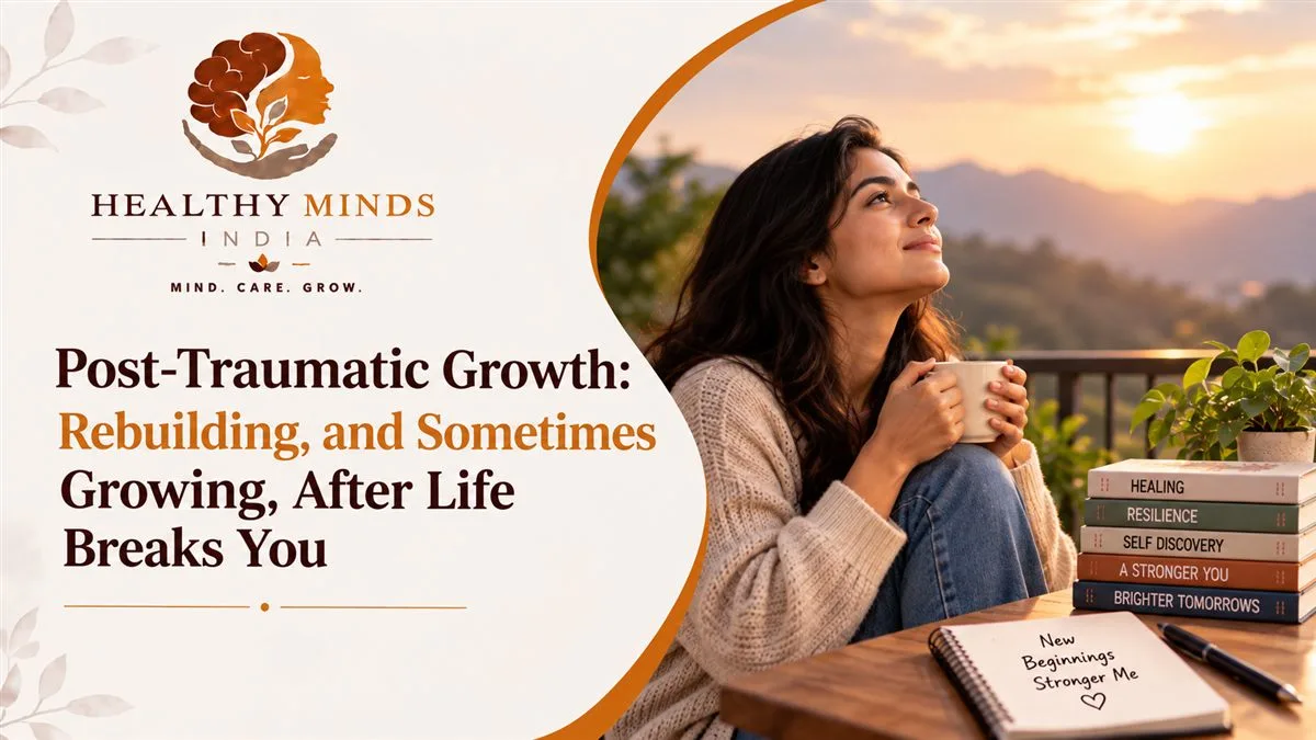 A woman at peace after hardship, representing post-traumatic growth, Healthy Minds India