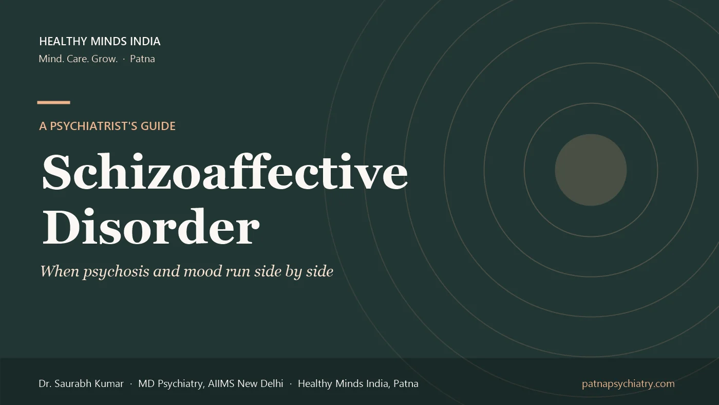 Title card: Schizoaffective Disorder, symptoms, causes and diagnosis - a guide by Dr. Saurabh Kumar, Healthy Minds India