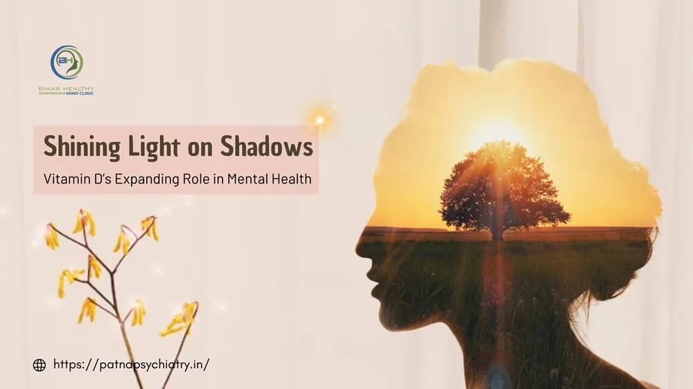 A glowing sun casting rays over a silhouette of a human brain, symbolizing Vitamin Dâ€™s connection to mental health and emotional well-being.
