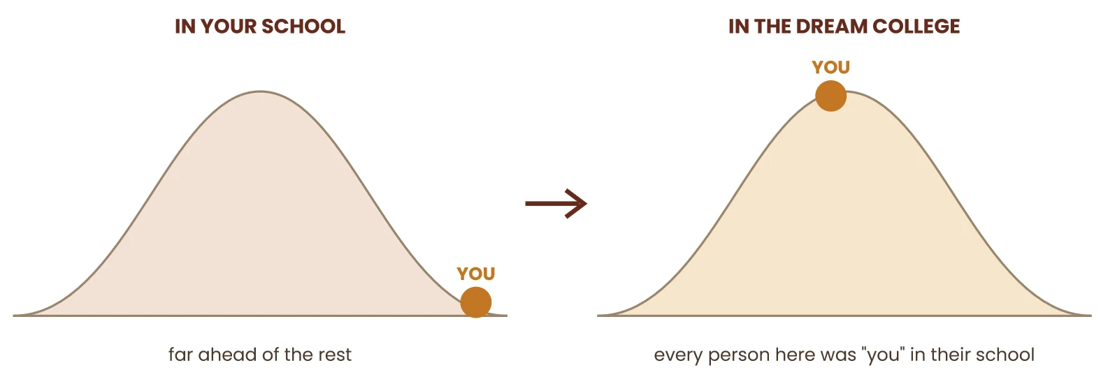 Two bell curves: in your school, you sit far ahead of the rest; in the dream college, you sit at the middle because every person there was "you" in their school