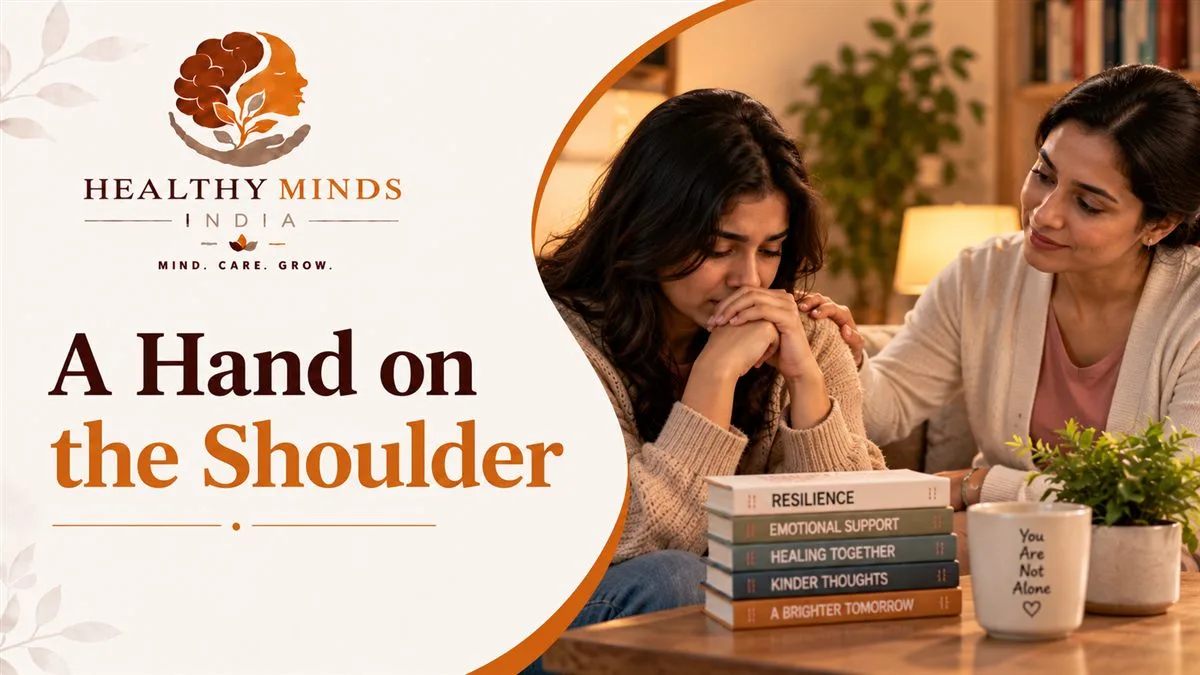 A supportive conversation between two friends, representing mental health first aid, Healthy Minds India