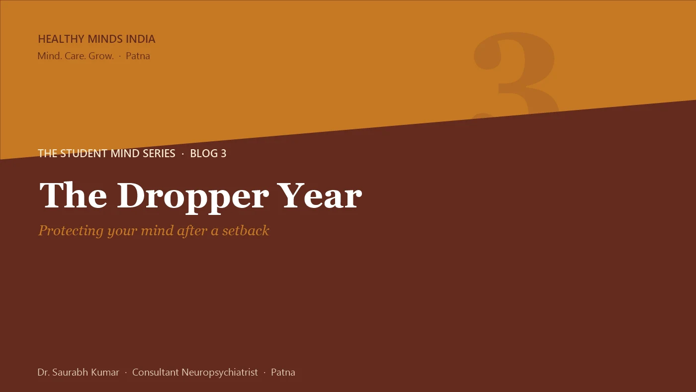Title card: The Dropper Year, protecting your mind after a setback - The Student Mind series by Dr. Saurabh Kumar