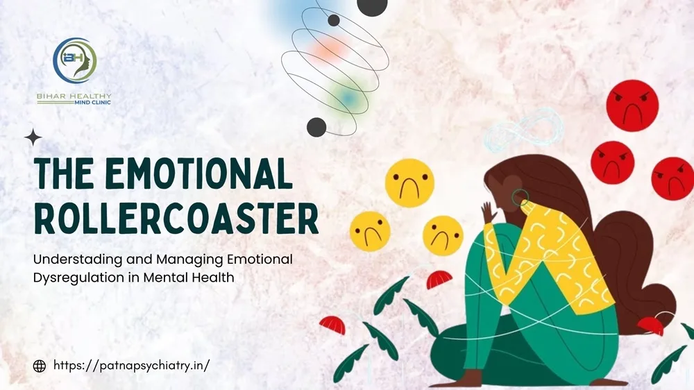 A distressed person holding their head surrounded by chaotic emotional icons, symbolizing the experience of emotional dysregulation in mental health.