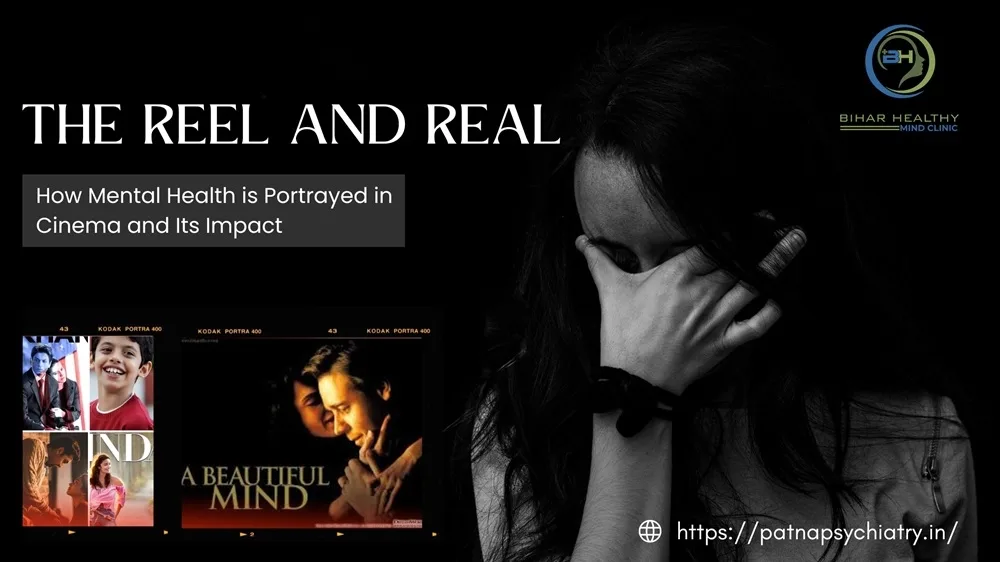 A montage of iconic film scenes depicting mental health, showing both stereotypical and empathetic portrayals in Indian and international cinema.