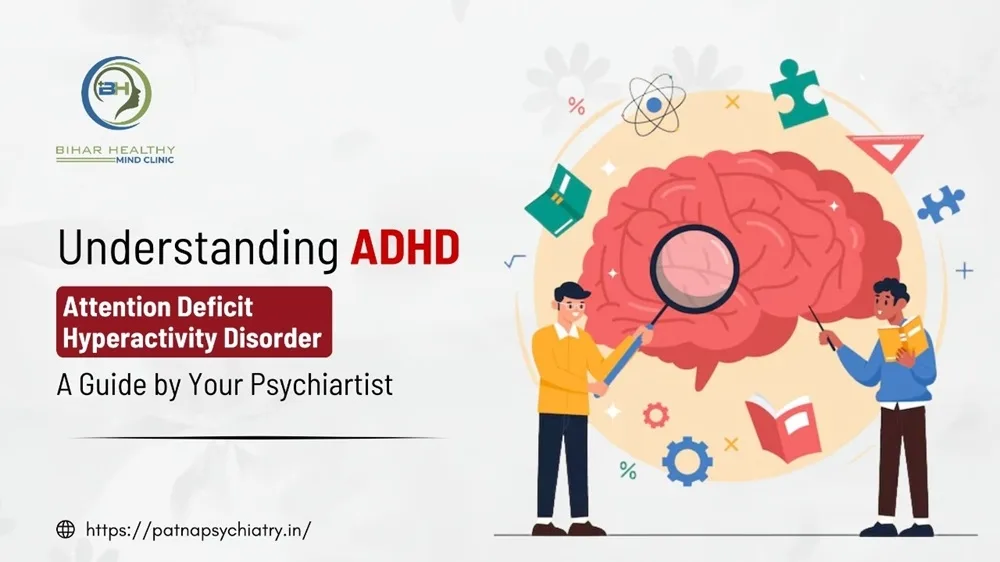 Illustration of a child and adult with visible thought clouds, highlighting attention, movement, and focus issues, representing ADHD in everyday life.