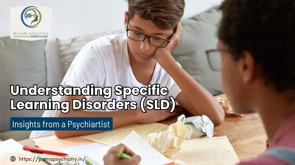Illustration of a child looking confused over books and numbers, representing the struggle with reading, writing, and math due to Specific Learning Disorders (SLD).