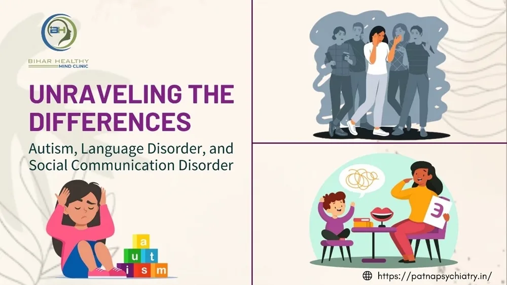 Illustration of three children engaging in different social and communication activities, symbolizing the varied challenges of autism, language disorder, and SPCD.