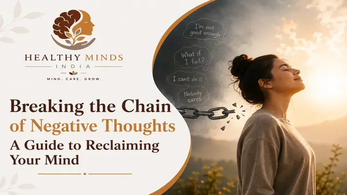 A person breaking free from a tangled web of thoughts, symbolizing mental clarity and overcoming negative thinking.