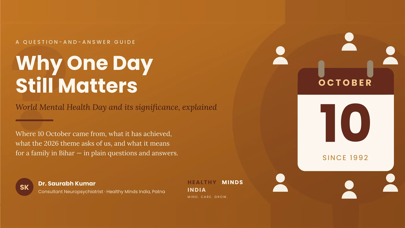 World Mental Health Day 2026 banner - calendar page showing 10 October surrounded by people, Healthy Minds India