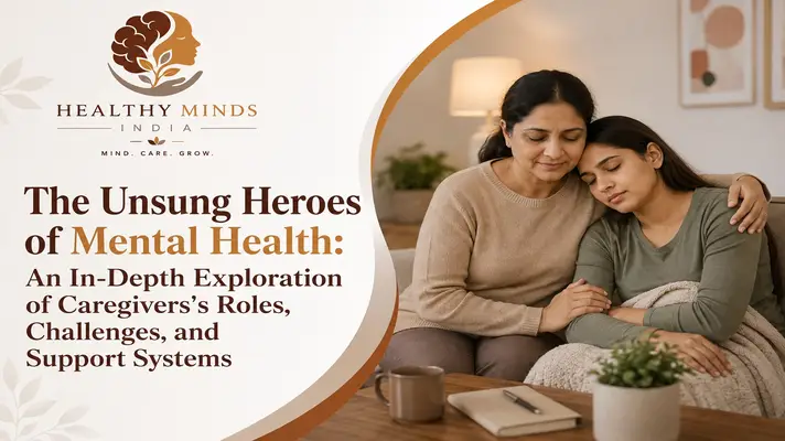 Illustration of a caregiver offering emotional and physical support to a loved one struggling with mental health, symbolizing empathy and resilience.